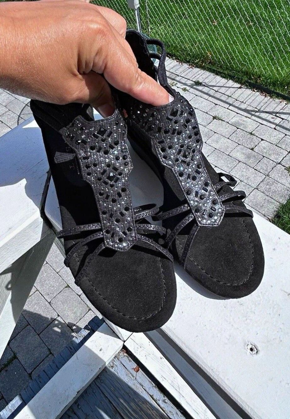 New York Transit Women’s Black Studded Lace-Up Wedge Sandals Size 7 US EU 38